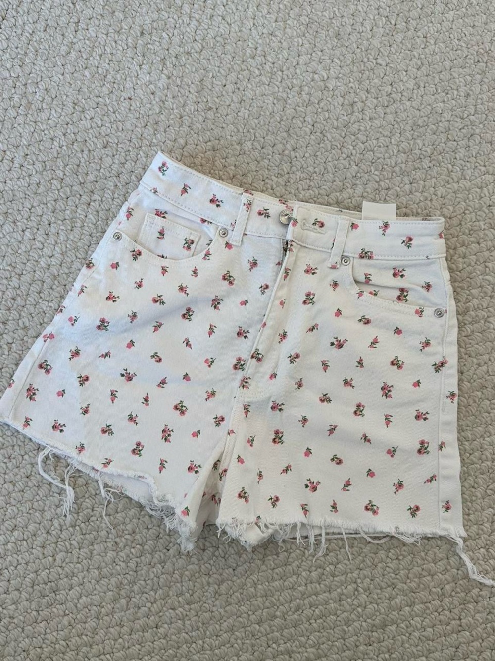 H&M White Denim Shorts with Pink Floral Print